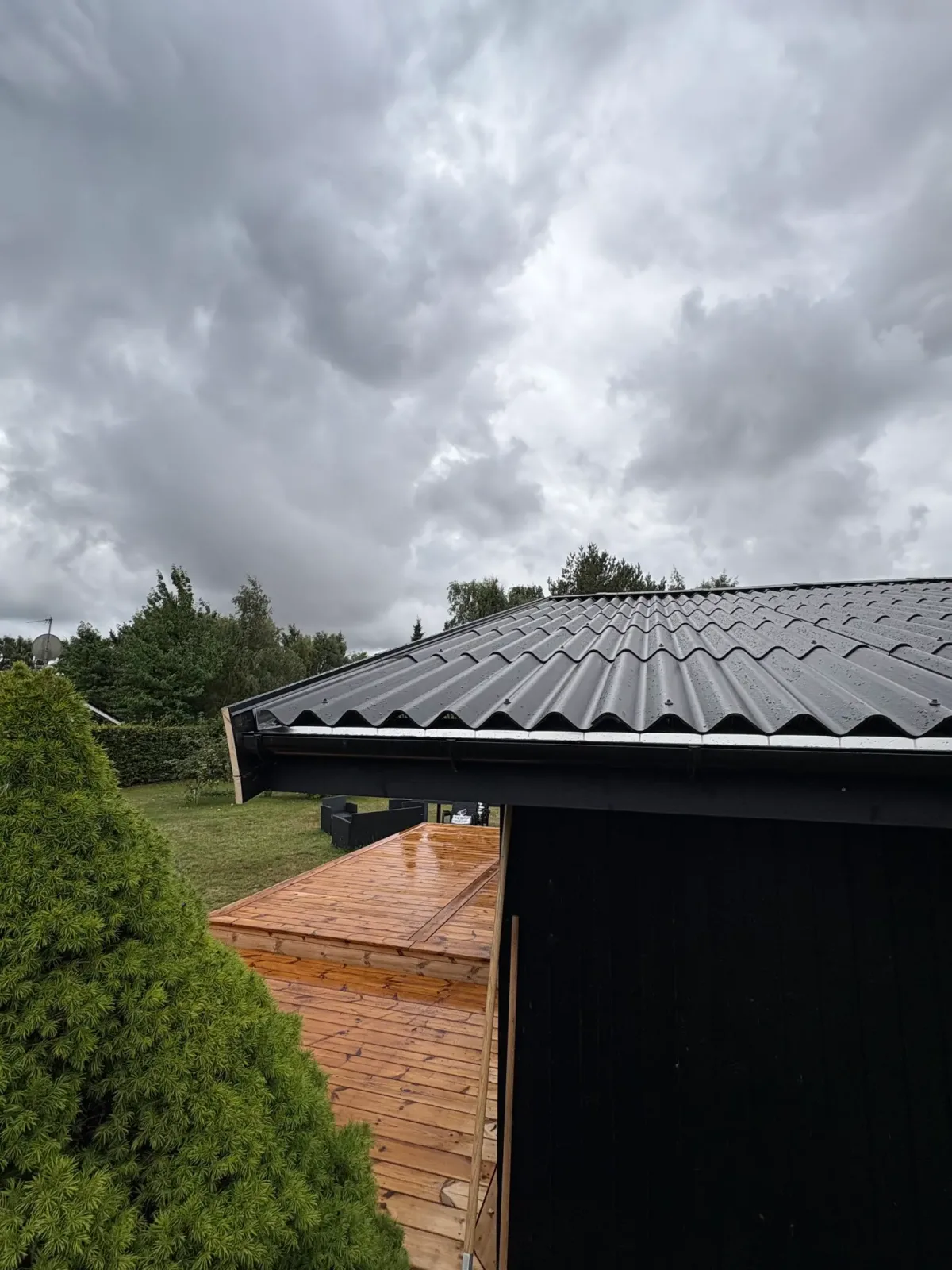 Tagkant på et sort træhus